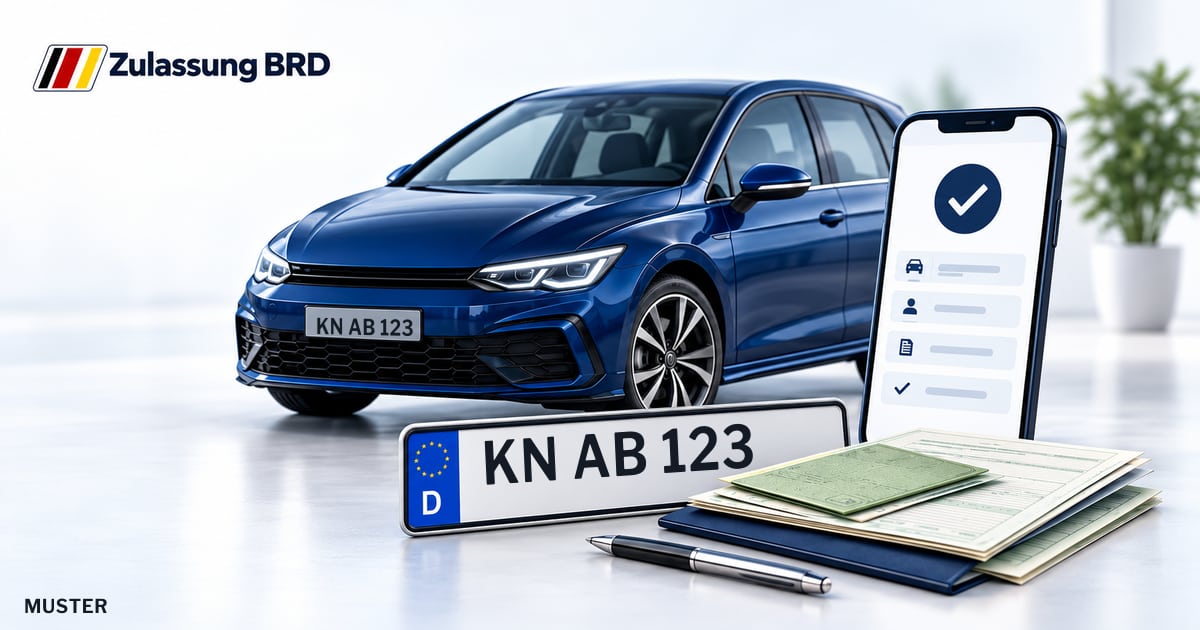 Online Fahrzeugzulassung in Stockach: Musterkennzeichen KN AB 123, Auto und Fahrzeugpapiere und Smartphone. Illustration mit Logo von Zulassung BRD.